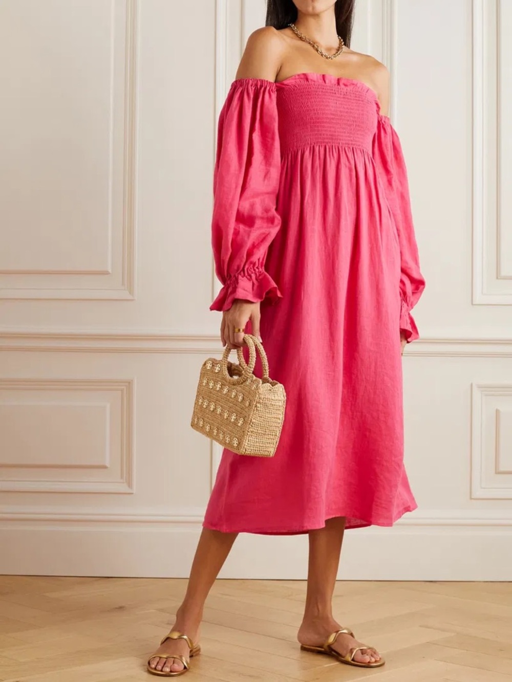 Sleeper Atlanta Smocked Linen Midi Dress